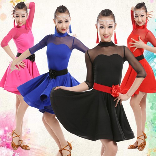 Black red royal blue fuchsia see through  sleeves front sexy girl's performance competition gymnastics latin salsa ballroom dance dresses 